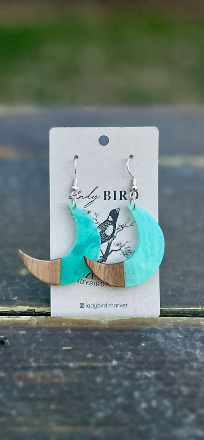 Crescent Moon Walnut Wood & Turquoise Resin Pendant Earrings