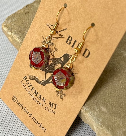 Rustic Red Etched Glass Hibiscus Flower Coin Earrings