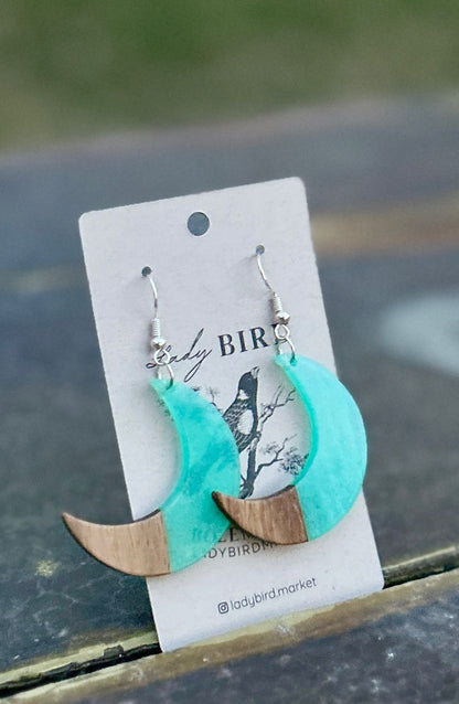 Crescent Moon Walnut Wood & Turquoise Resin Pendant Earrings