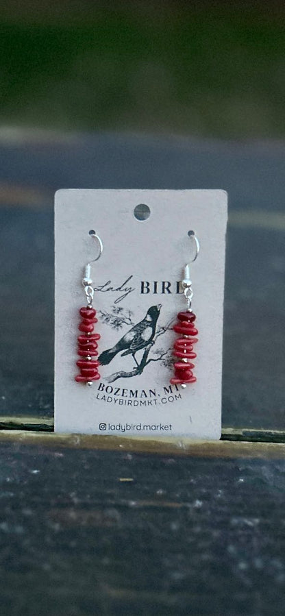 Vibrant Red Coral Chip Gemstone Dangle Earrings