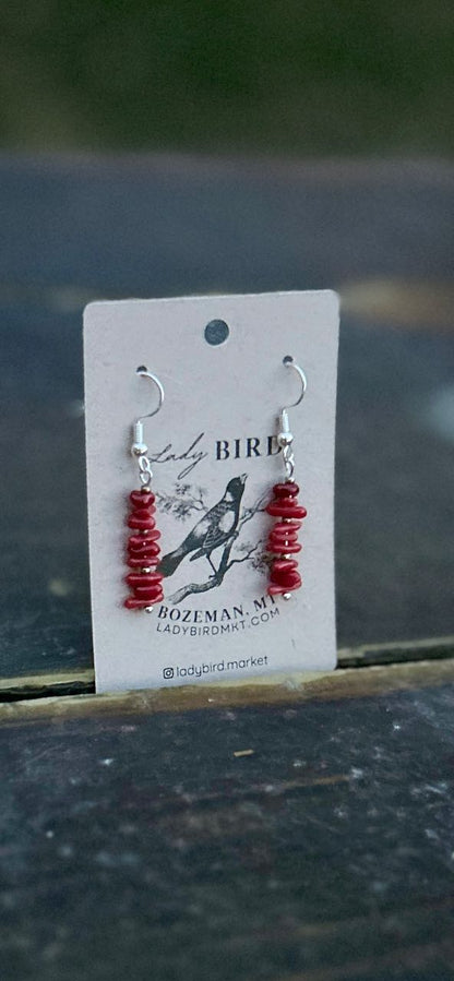 Vibrant Red Coral Chip Gemstone Dangle Earrings