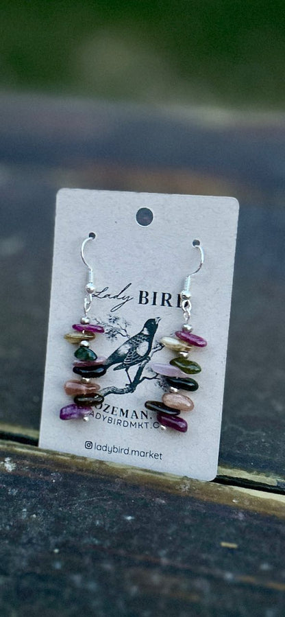 Multi-Colored Tourmaline Chip Gemstone Dangle Earrings