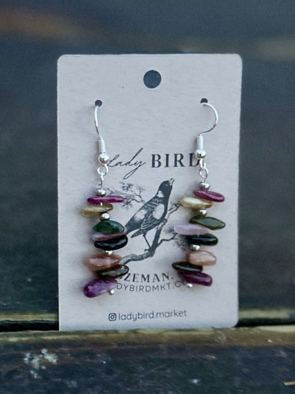 Multi-Colored Tourmaline Chip Gemstone Dangle Earrings