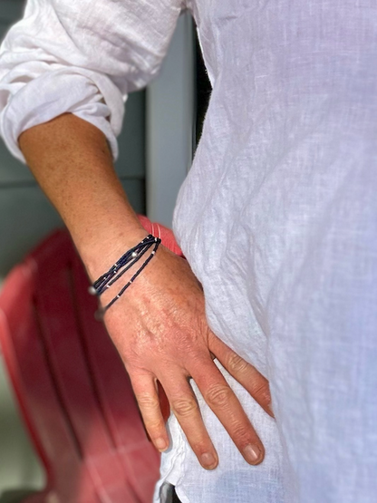 Navy Blue & Silver or Gold-Sprinkled Beaded 5-Wrap Boho Bracelet