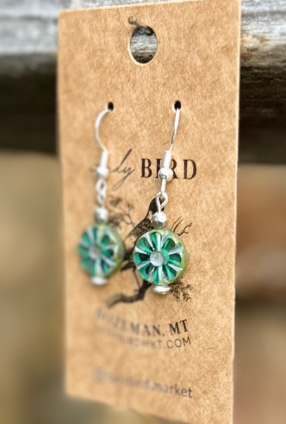 Czech Glass Silver Aquamarine Flower Window Coin Earrings