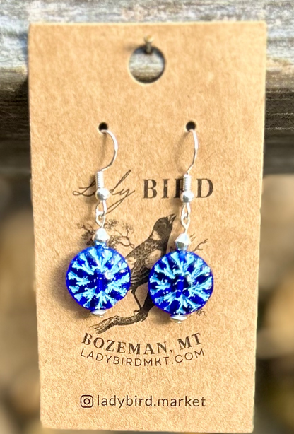 Blue Sun Star Etched Coin Pendant Earrings