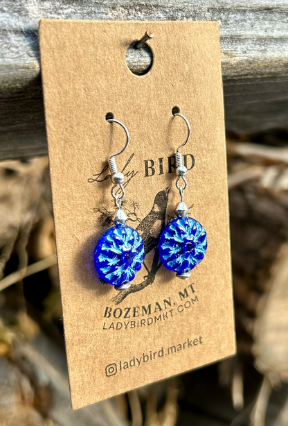 Blue Sun Star Etched Coin Pendant Earrings