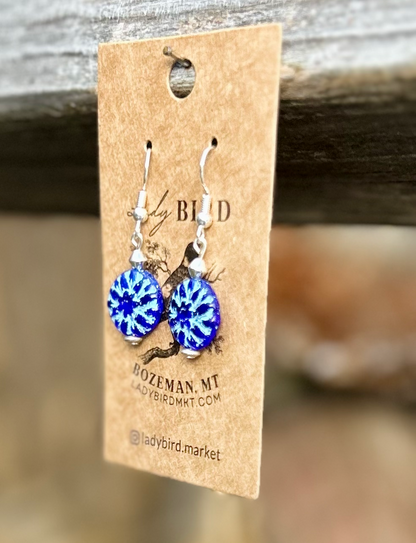 Blue Sun Star Etched Coin Pendant Earrings