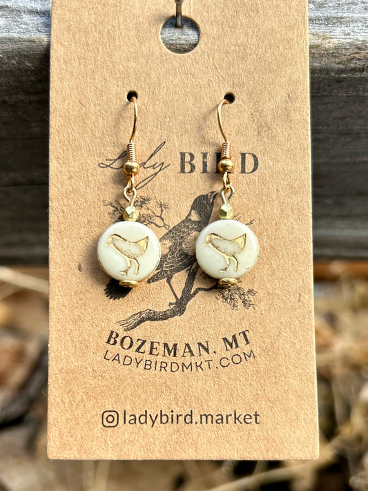 Creamy White and Gold Etched Glass Bird Earrings