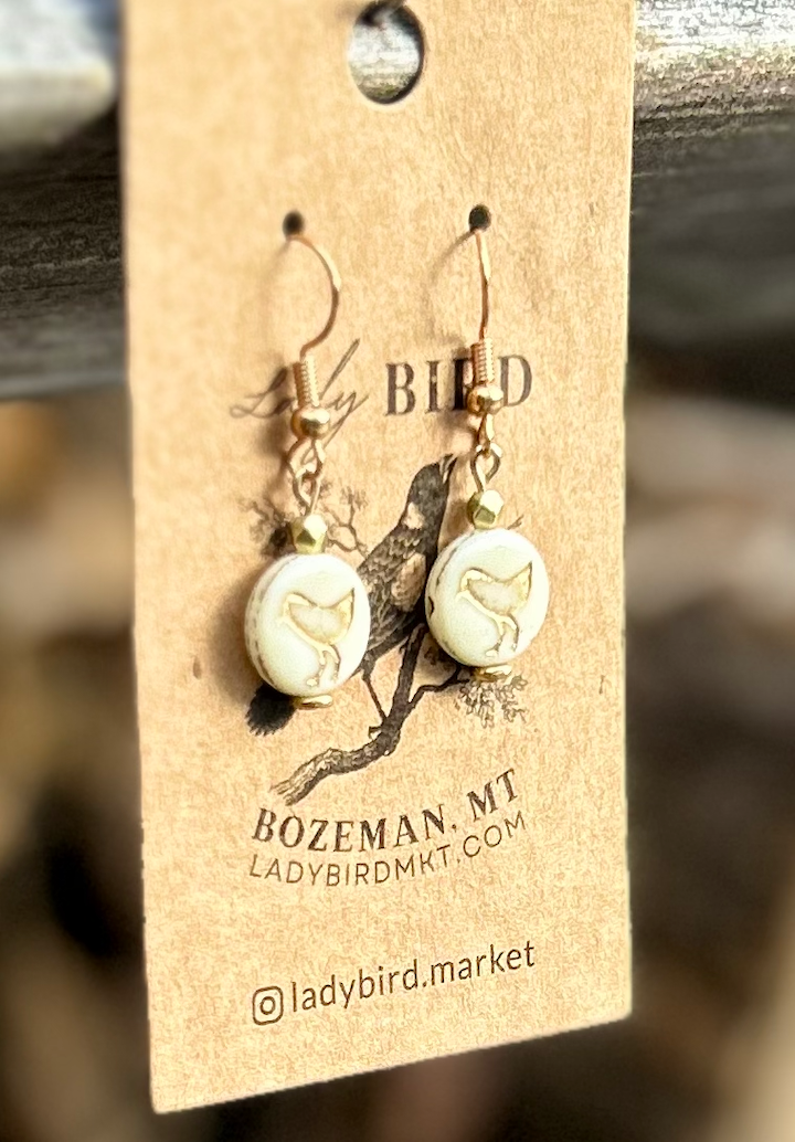 Creamy White and Gold Etched Glass Bird Earrings