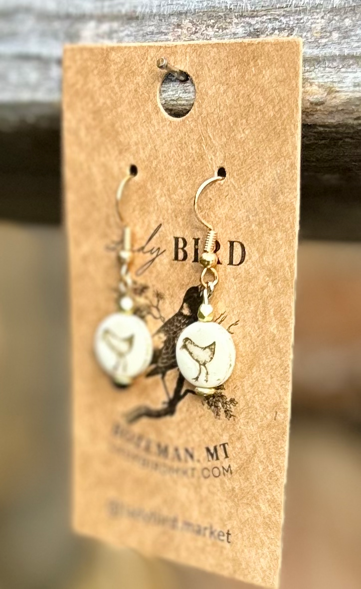 Creamy White and Gold Etched Glass Bird Earrings