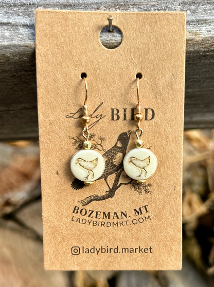 Creamy White and Gold Etched Glass Bird Earrings
