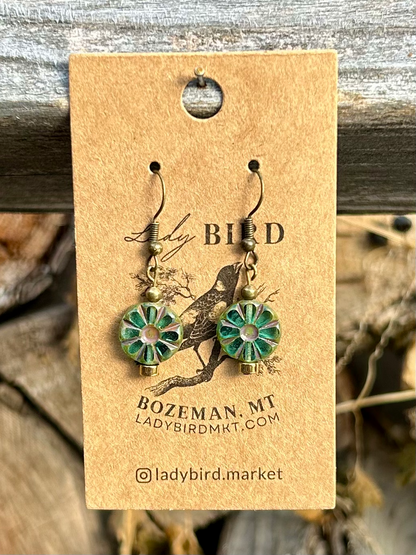 Czech Glass Bronzed Aquamarine Flower Window Coin Earrings