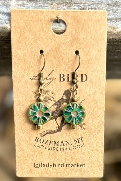 Czech Glass Bronzed Aquamarine Flower Window Coin Earrings