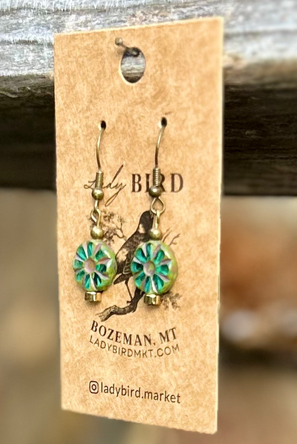 Czech Glass Bronzed Aquamarine Flower Window Coin Earrings