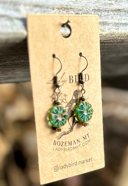 Czech Glass Bronzed Aquamarine Flower Window Coin Earrings