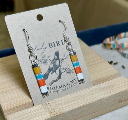 Retro White Stripes with Silver or Gold Tila Bead Earrings