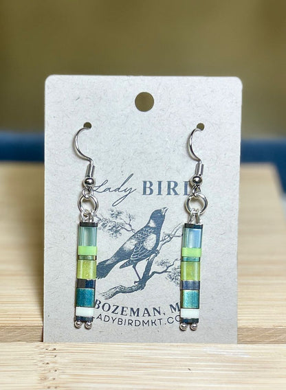 Grassy Meadow Mixed Greens & Gold or Silver Tila Bead Earrings