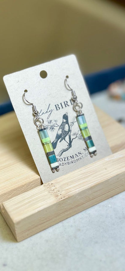 Grassy Meadow Mixed Greens & Gold or Silver Tila Bead Earrings