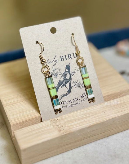 Grassy Meadow Mixed Greens & Gold or Silver Tila Bead Earrings