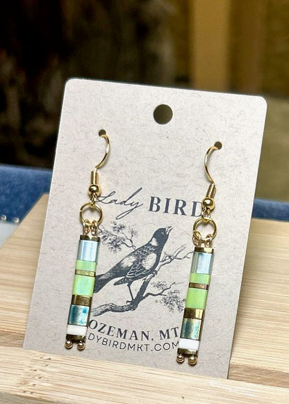 Grassy Meadow Mixed Greens & Gold or Silver Tila Bead Earrings