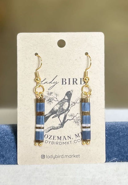 Navy Blue & White Striped Silver or Gold Tila Bead Dangle Earrings