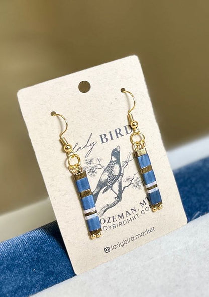 Navy Blue & White Striped Silver or Gold Tila Bead Dangle Earrings