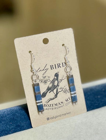 Navy Blue & White Striped Silver or Gold Tila Bead Dangle Earrings