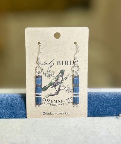 Navy Blue & White Striped Silver or Gold Tila Bead Dangle Earrings