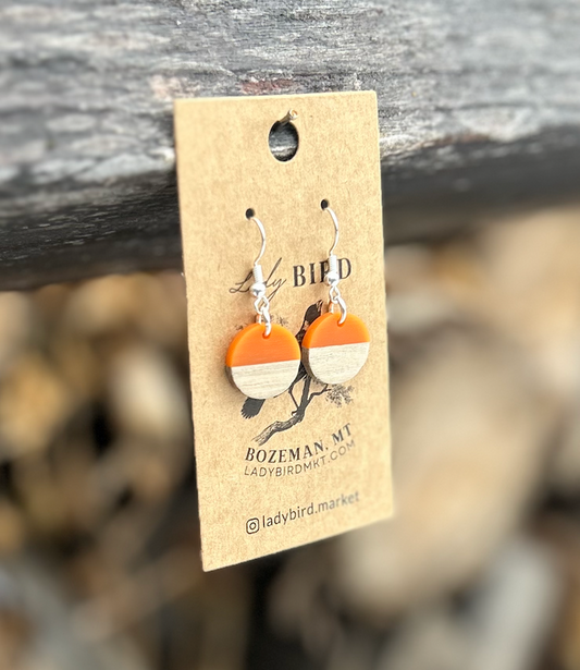 Wood & Bright Orange Resin Small Circle Earrings