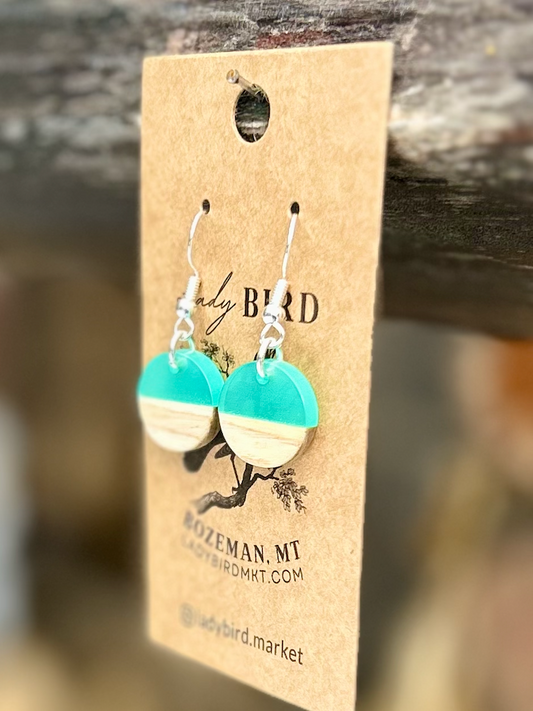 Wood & Translucent Turquoise Resin Small Circle Earrings