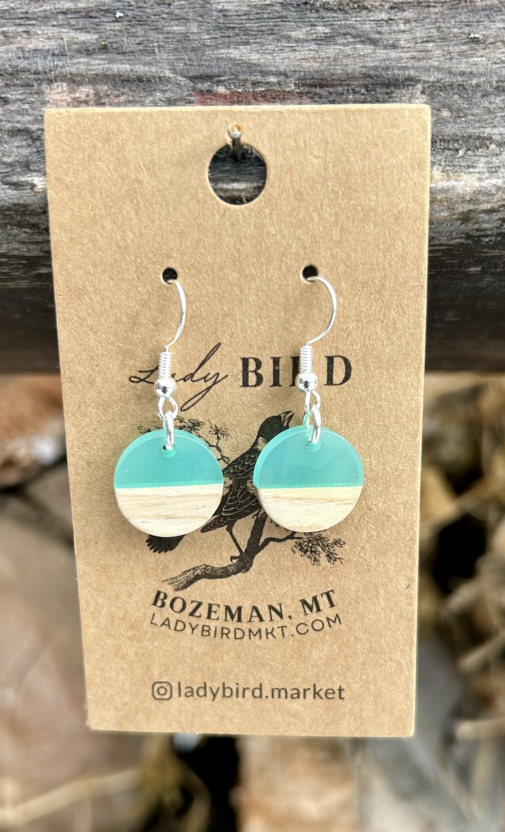 Wood & Translucent Turquoise Resin Small Circle Earrings