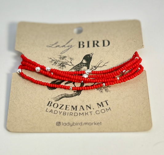 Vibrant Bright Red Silver-Sprinkled Beaded Boho Wrap Bracelet