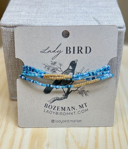 Mixed Blue Gold or Silver Striped Beaded Wrap Bracelet/Necklace