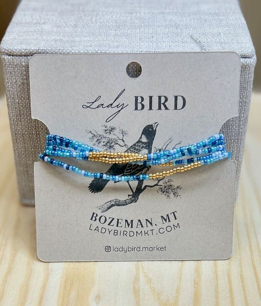 Gold or Silver Lined Mixed Blues Beaded Wrap Bracelet/Necklace