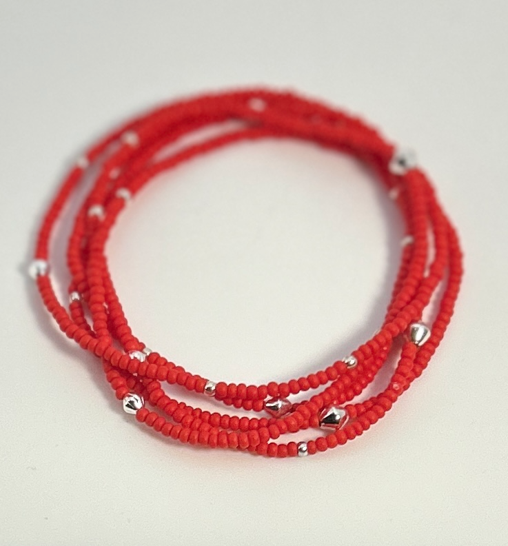 Vibrant Bright Red Silver-Sprinkled Beaded Boho Wrap Bracelet