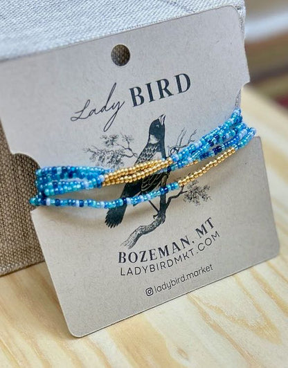 Mixed Blue Gold or Silver Striped Beaded Wrap Bracelet/Necklace