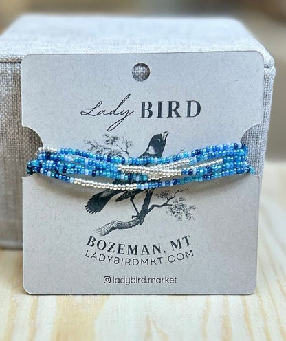 Mixed Blue Gold or Silver Striped Beaded Wrap Bracelet/Necklace