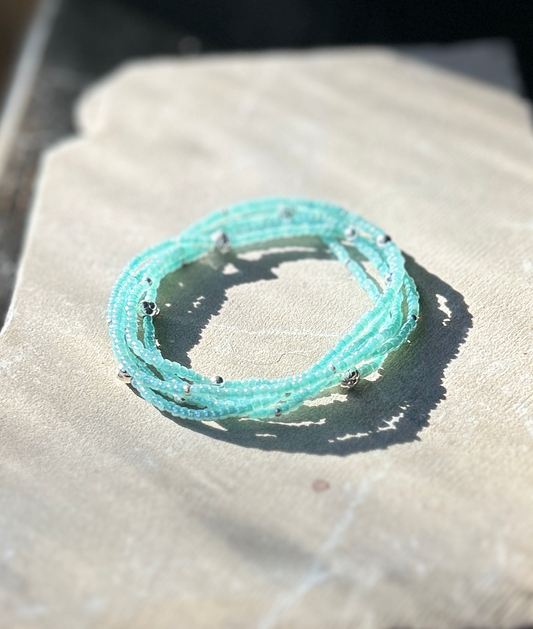 Pastel Mint Green & Silver Sprinkled Beaded Boho Wrap Bracelet