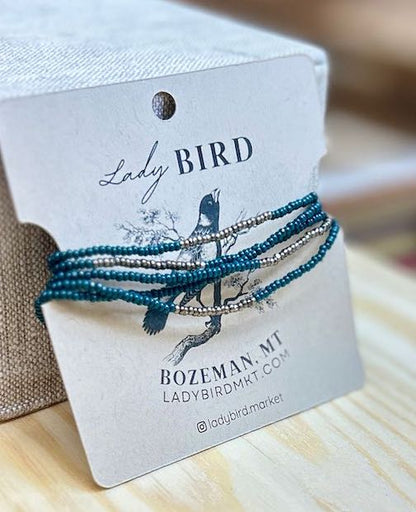 Dark Teal & Antique Silver Striped Beaded Wrap Bracelet/Necklace