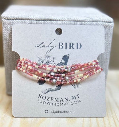 Pretty in Mixed Pink & Silver or Gold Striped Beaded Wrap Bracelet/Necklace