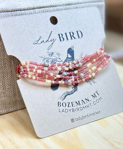 Pretty in Mixed Pink & Silver or Gold Striped Beaded Wrap Bracelet/Necklace