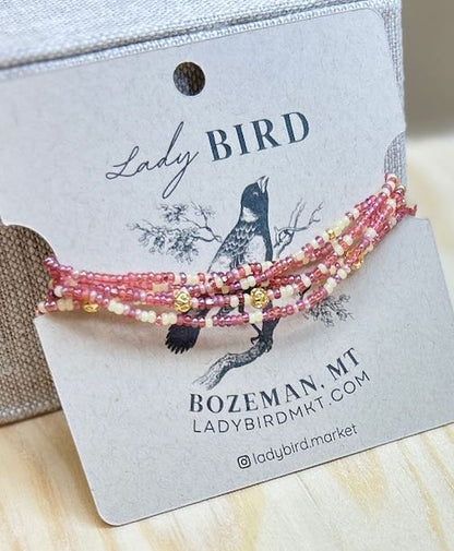 Pretty in Mixed Pink & Silver or Gold Striped Beaded Wrap Bracelet/Necklace