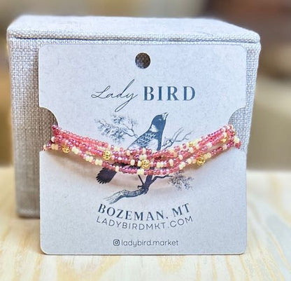 Pretty in Mixed Pink & Silver or Gold Striped Beaded Wrap Bracelet/Necklace