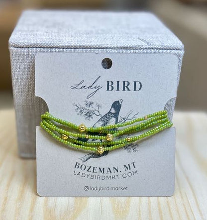 Frosty Leafy Green Shimmer & Gold Beaded Wrap Bracelet - Handmade Boho Jewelry