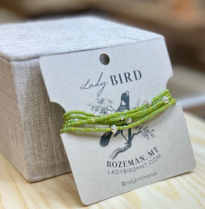 Frosty Leafy Green Shimmer & Gold Beaded Wrap Bracelet - Handmade Boho Jewelry