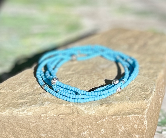 Vibrant Light Blue Silver-Sprinkled Beaded Boho Wrap Bracelet