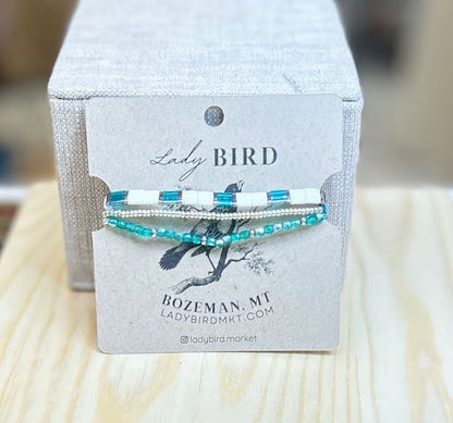 Stretchy Beaded Bracelet Set – White & Sea Blue Tila Beads with Gold or Silver