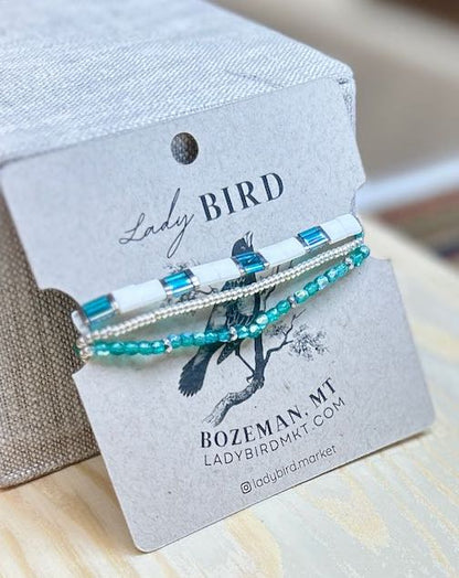 Stretchy Beaded Bracelet Set – White & Sea Blue Tila Beads with Gold or Silver