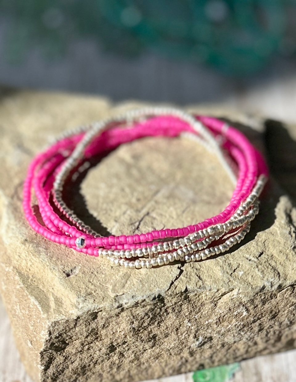 Hot Pink Silver Lined Combo Beaded 5-Wrap Bracelet